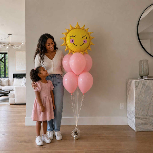 Mother and daughter standing beside a smiley sun helium balloon bouquet with pastel pink balloons in a modern luxury home.