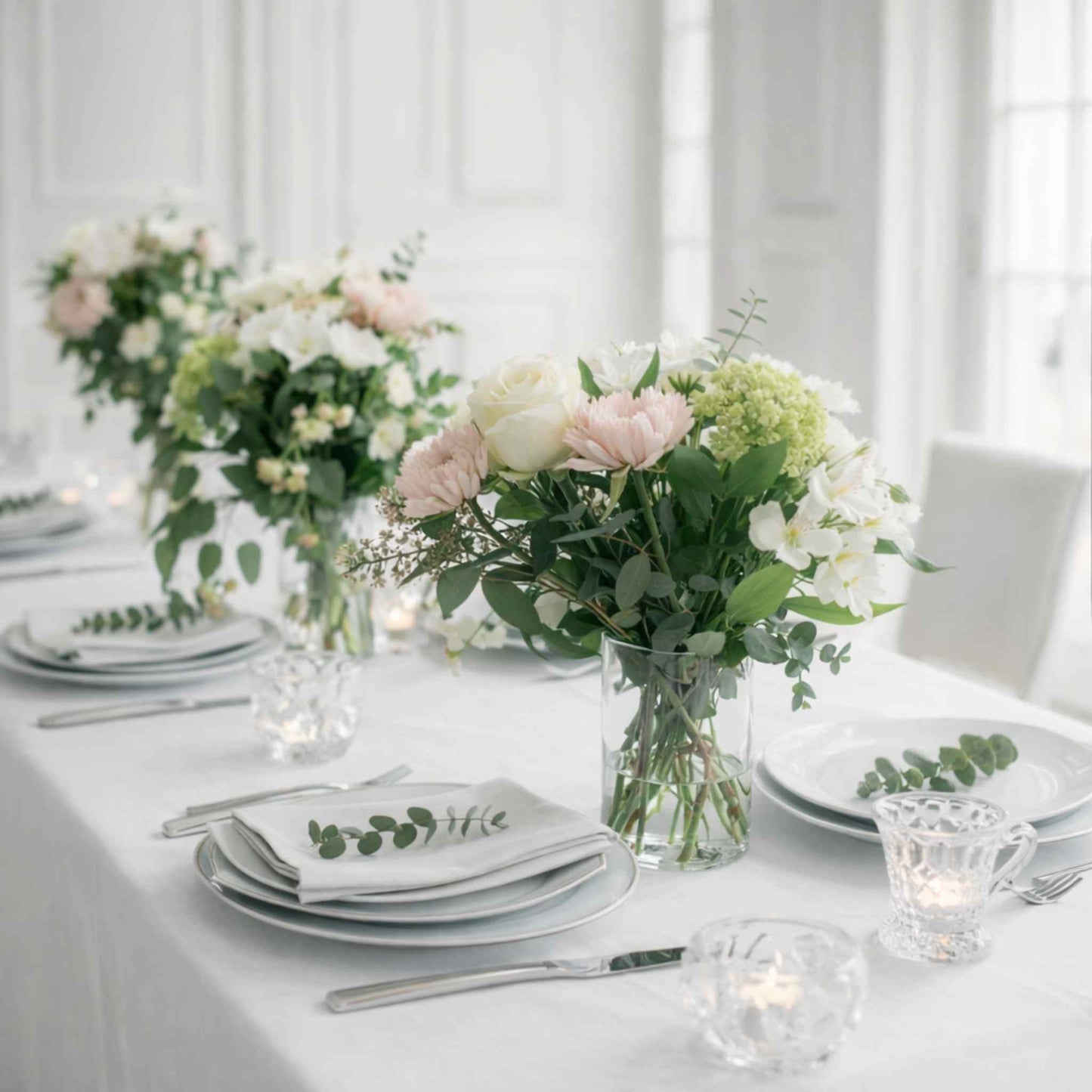 Elegant table setting with floral centerpieces and white tablecloth.