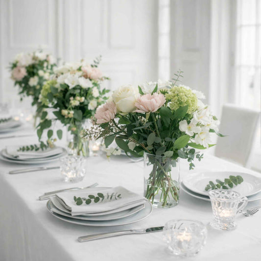 Elegant table setting with floral centerpieces and white tablecloth.