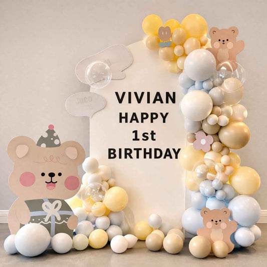 Customized Cute Teddy Bear First Birthday Balloon Backdrop Decoration