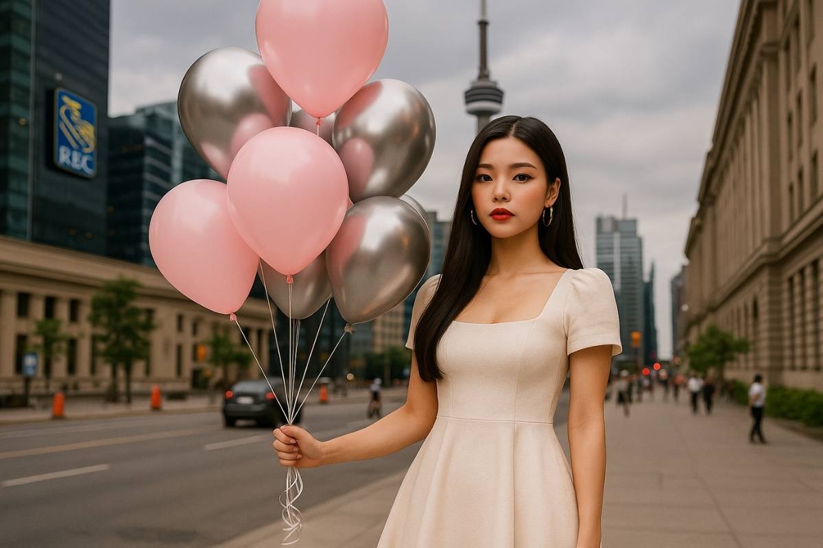 Woman holding pink and silver balloons in an urban setting with a city skyline.