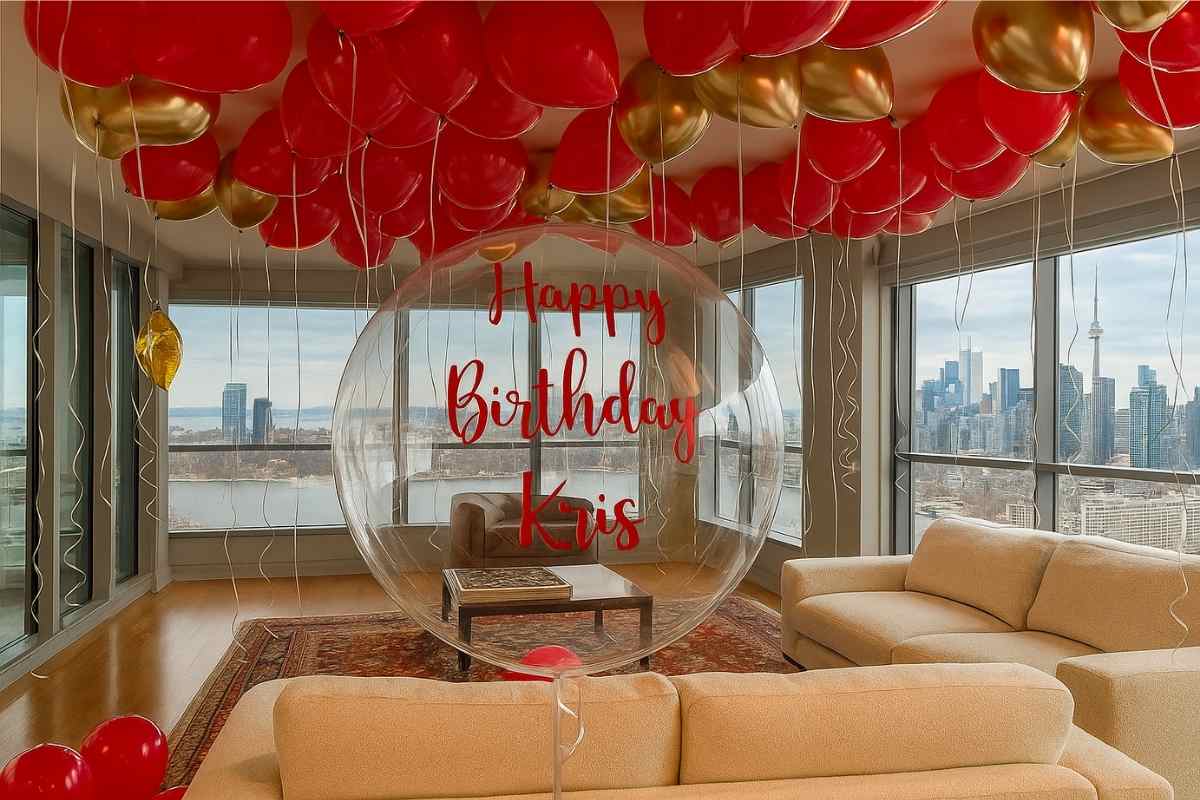 Load video: balloon decor setup helium gold and red balloons with clear bubble balloon writing happy birthday kris