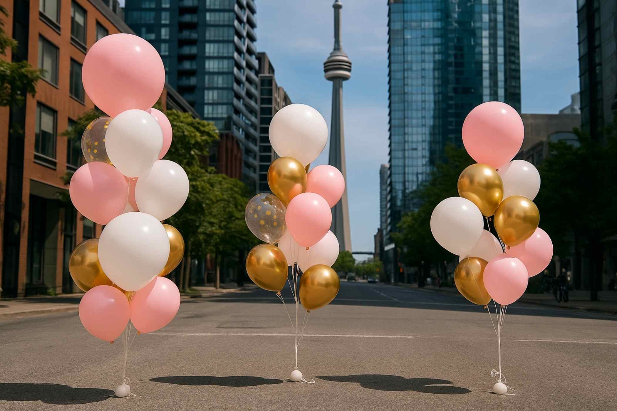 Balloons in pink, gold, and white on a city street with tall buildings in the background.