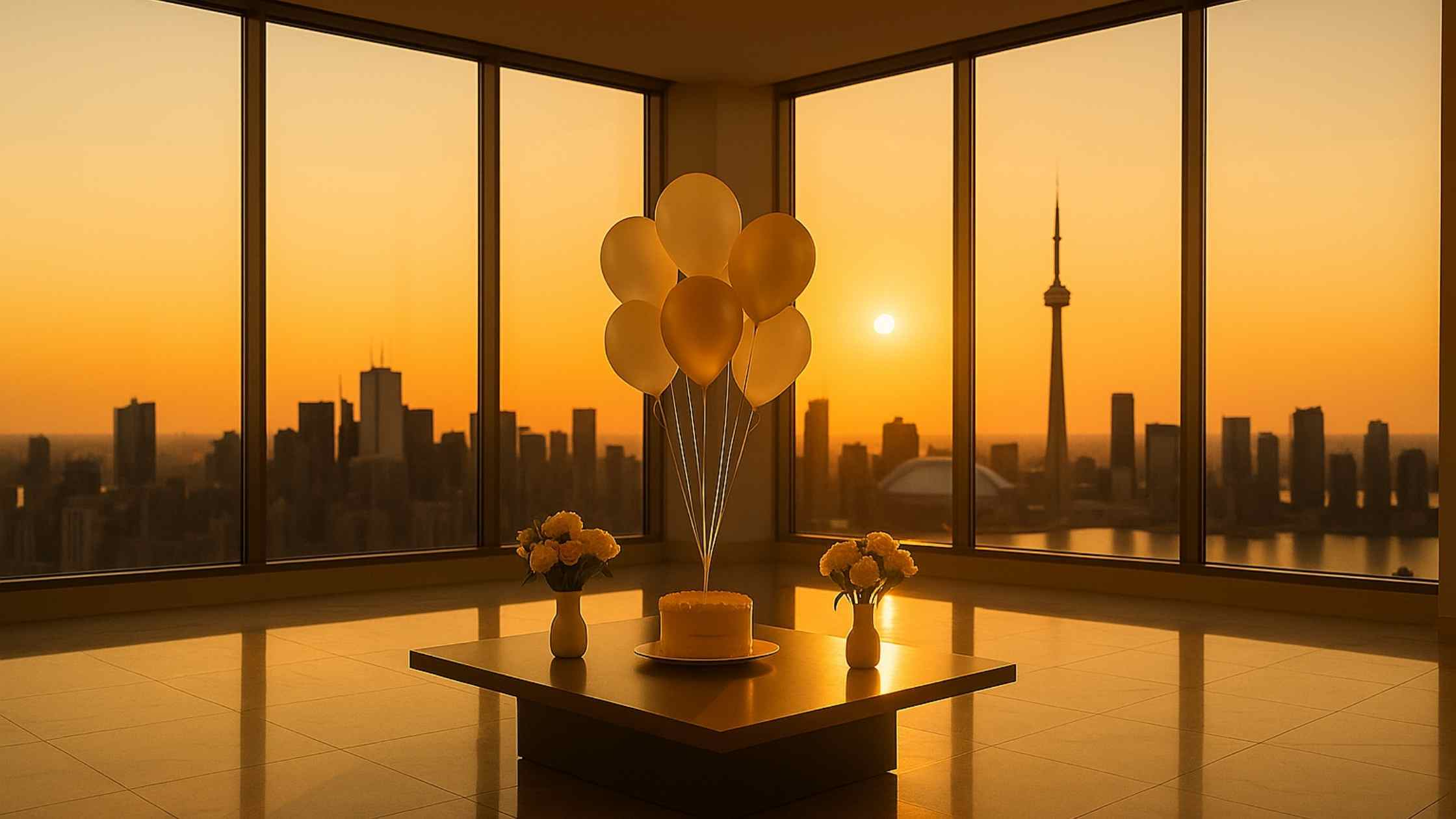 Table with balloons and a cake in front of a large window with a cityscape view during sunset.