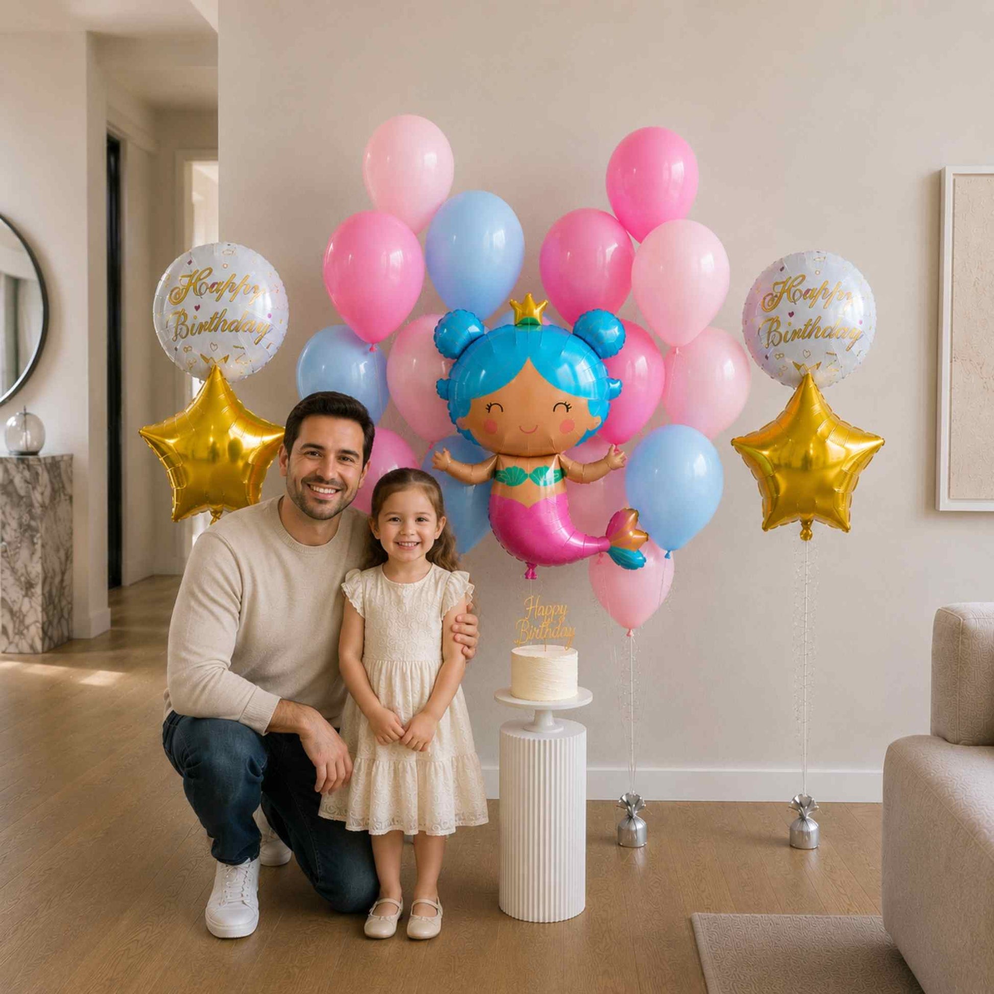 Man and young girl with birthday cake and balloons in a living room