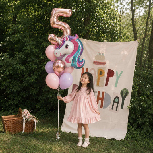 A young girl in a pink dress stands outdoors holding a cluster of balloons, including a large metallic pink number 5 balloon, a unicorn balloon, and pastel party balloons. Behind her is a cream-colored 'HAPPY BIRTHDAY' banner, and a wicker basket sits on the grass to the left.