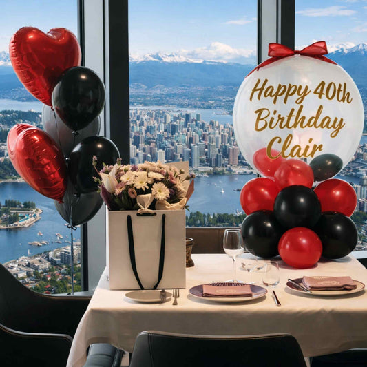 Table setting with balloons and flowers for a 40th birthday celebration, overlooking a cityscape.