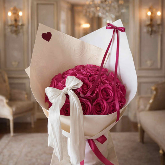 Bouquet of pink roses wrapped in white paper with a red heart and pink ribbon, set against an elegant interior background.