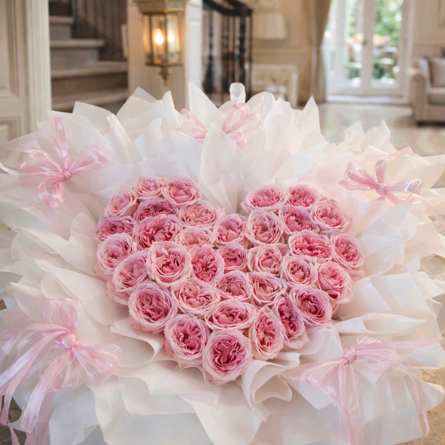 Heart-shaped bouquet of pink roses with white ribbons in a room setting