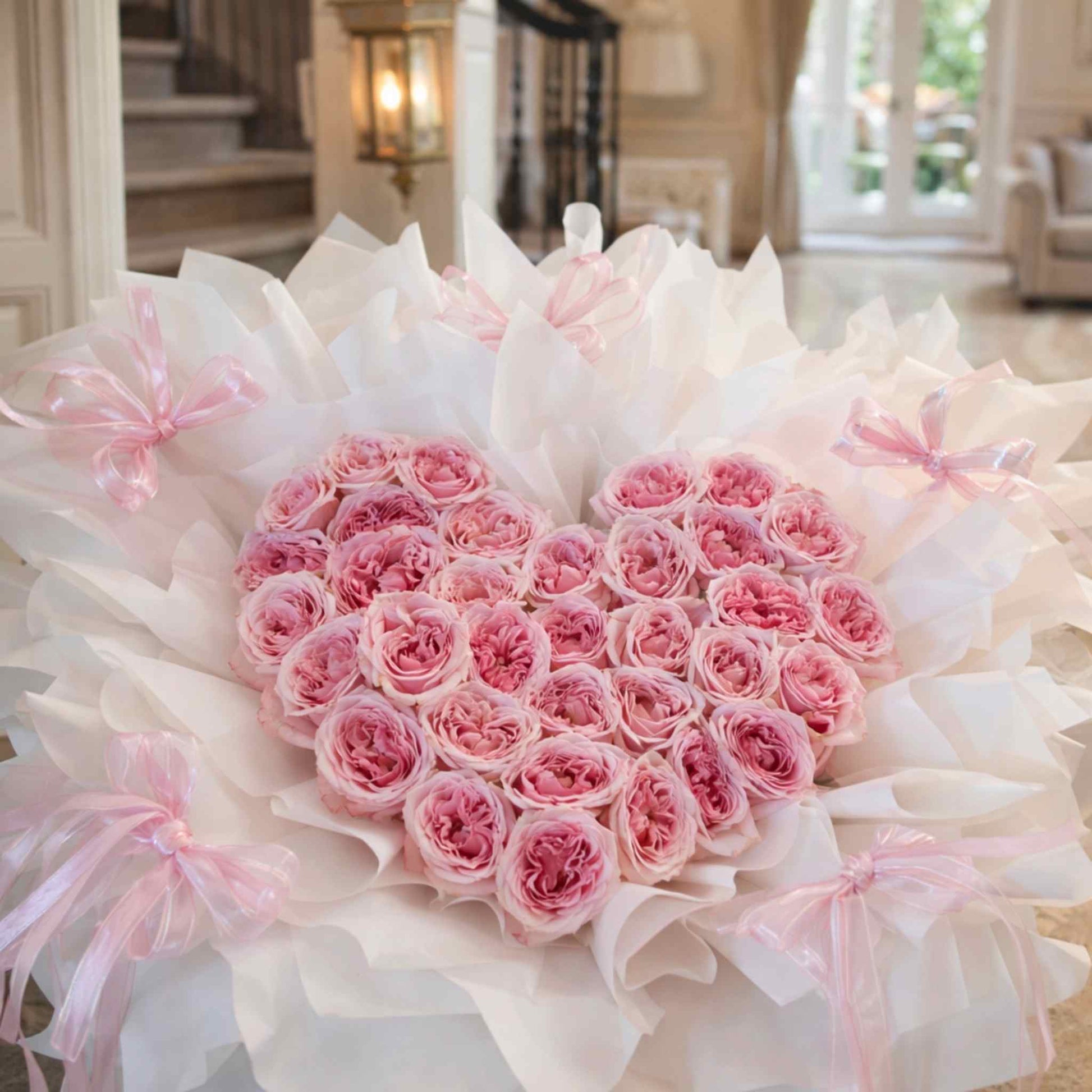 Heart-shaped bouquet of pink roses with white ribbons in a room setting