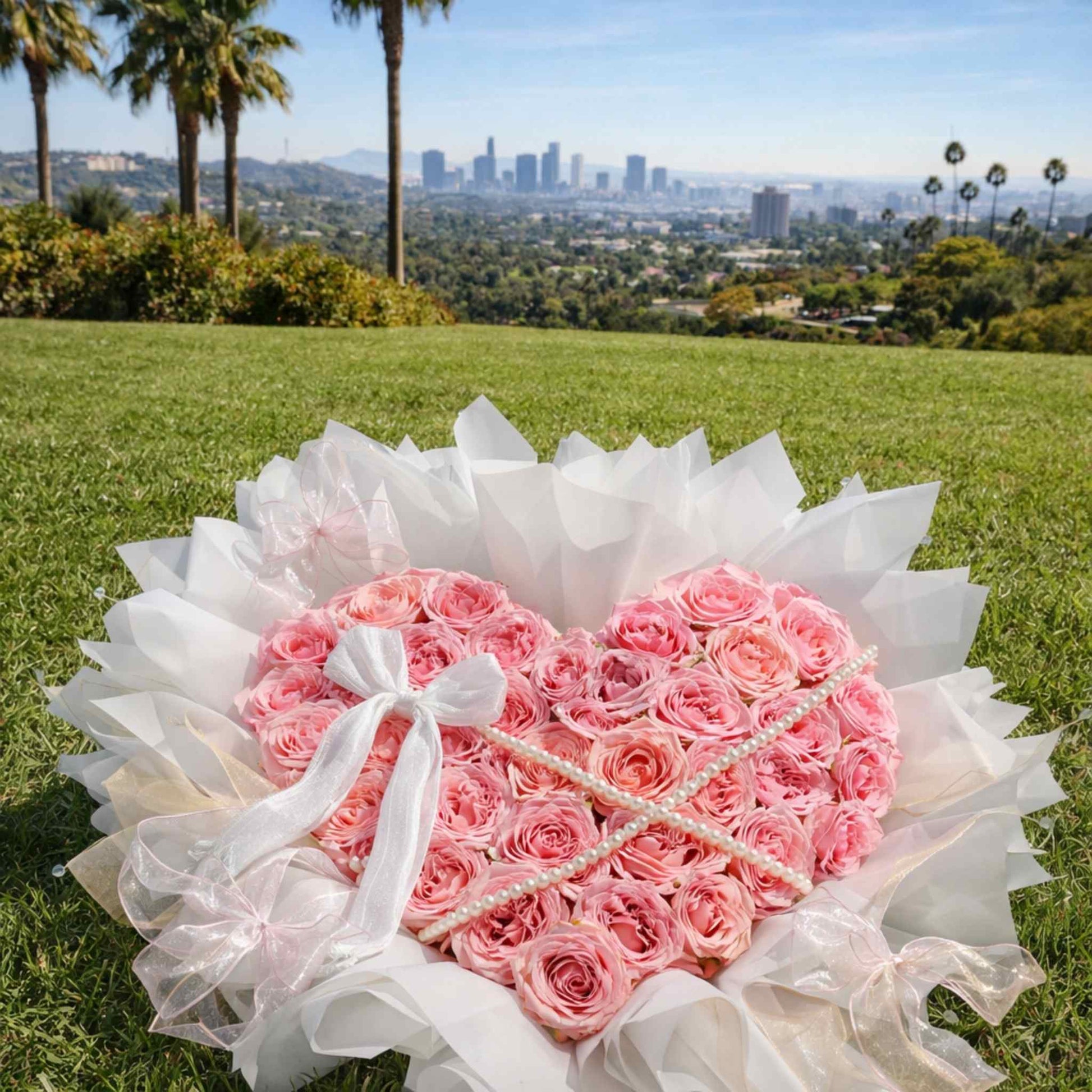 Heart-shaped arrangement of pink roses on a grassy field with a city skyline in the background