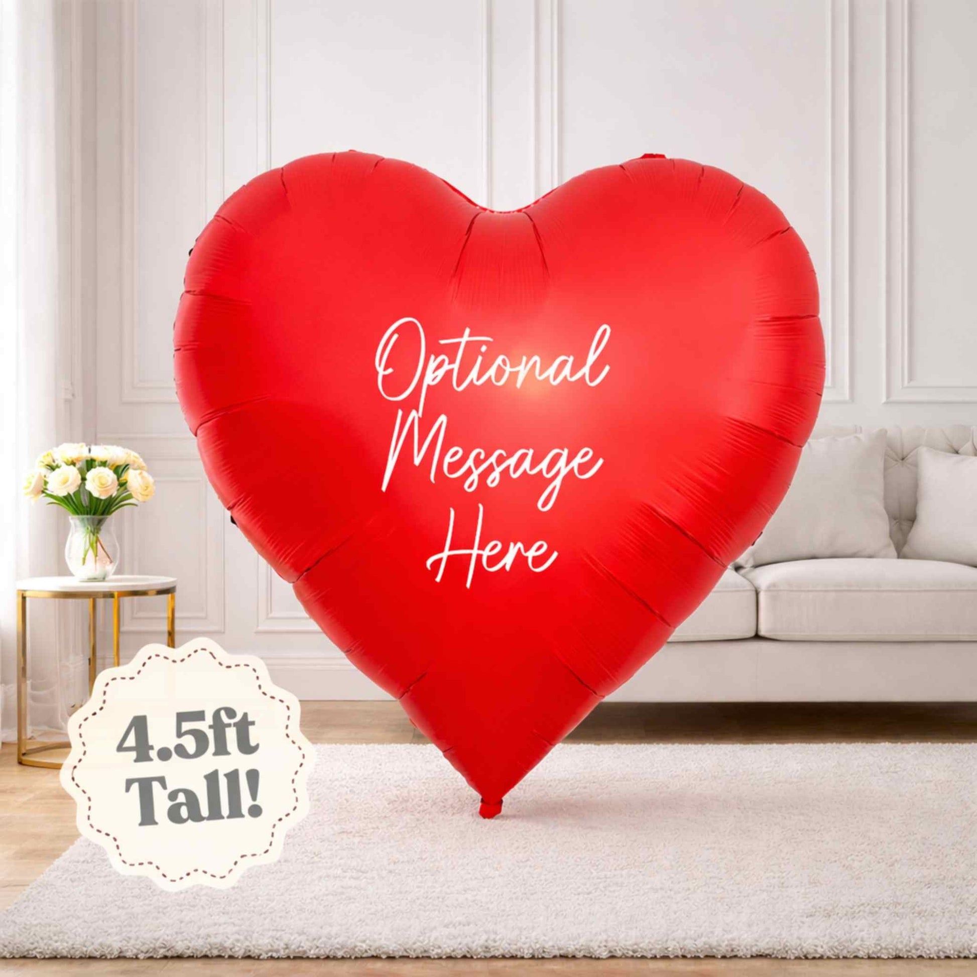 Red heart-shaped balloon with 'Optional Message Here' text in a living room setting.