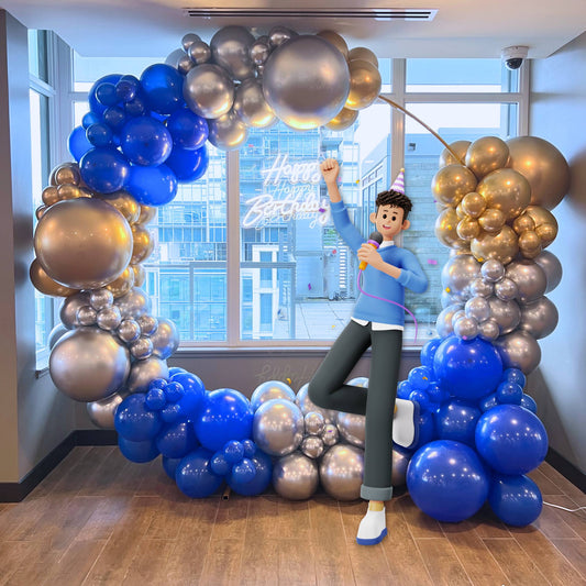 Blue, Gold and silver balloons circle backdrop avatar