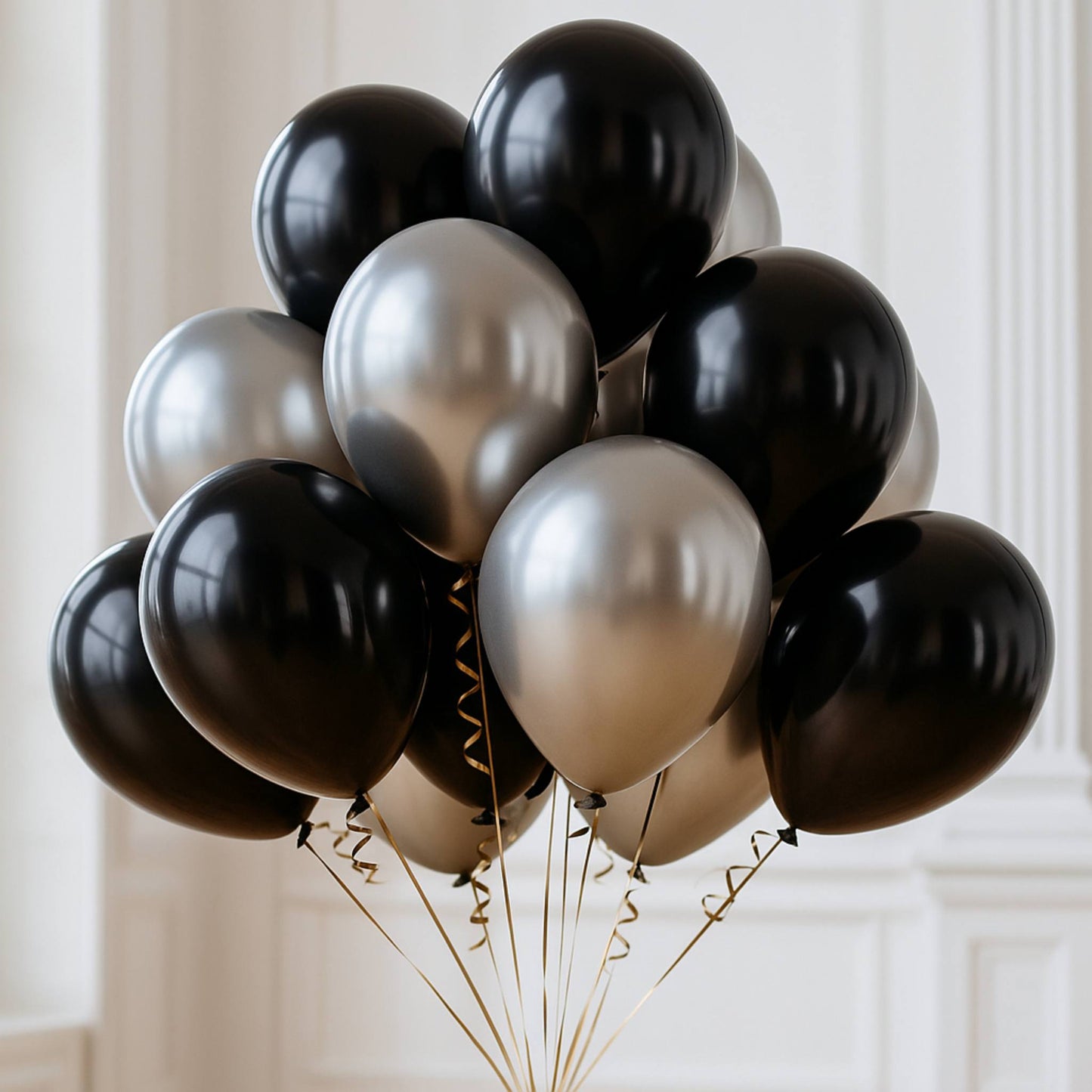 Bouquet of black and silver balloons against a neutral background