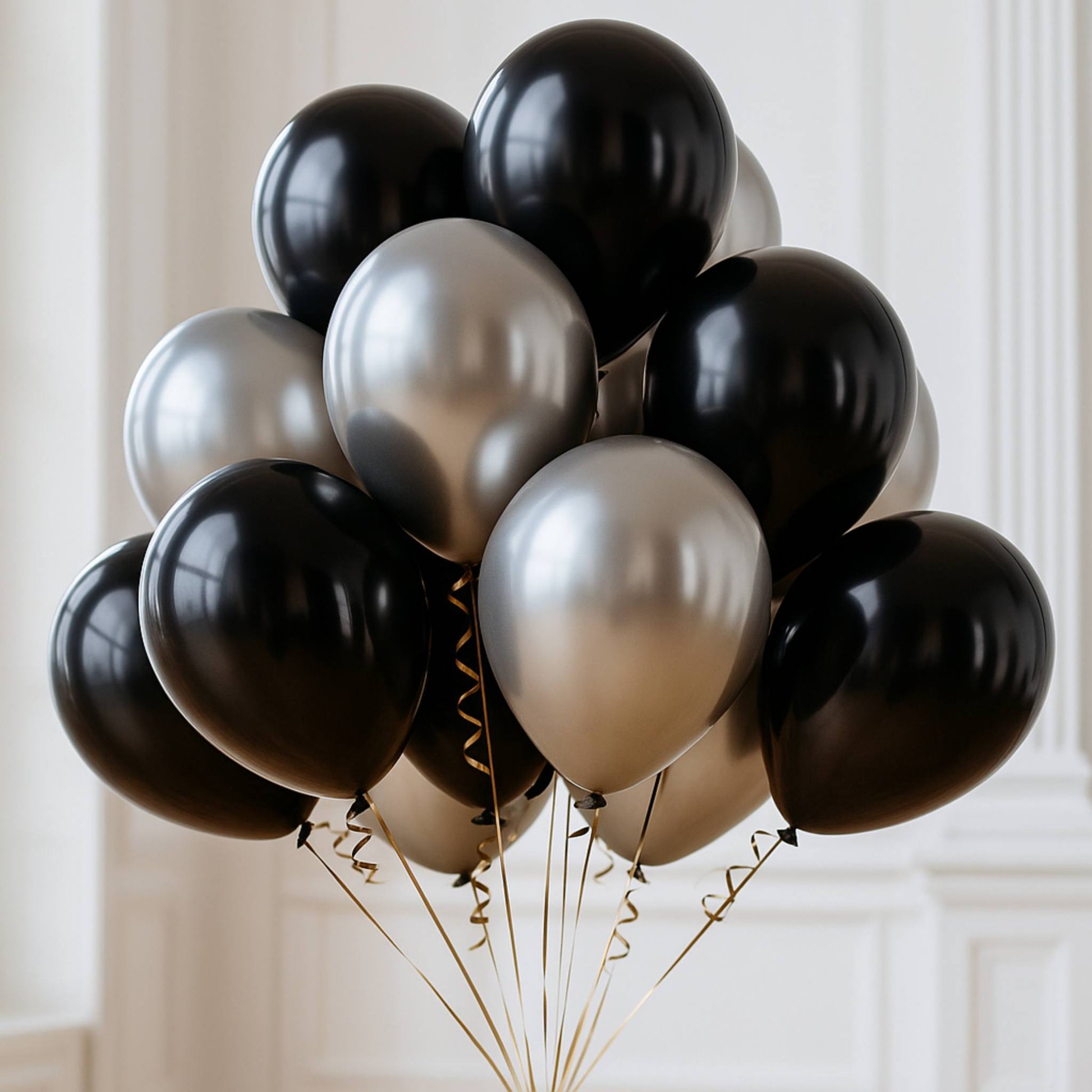 Bouquet of black and silver balloons against a neutral background