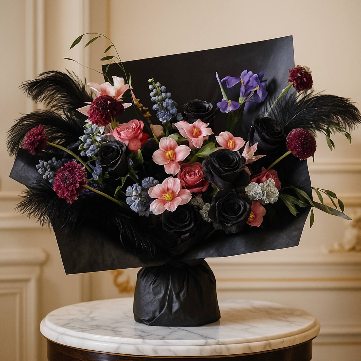 Bouquet of flowers with black paper wrap on a marble surface