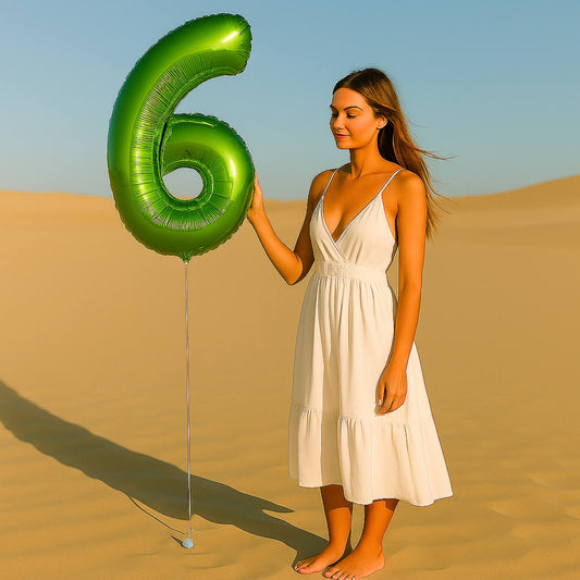 Woman in a white dress holding a large green number 6 balloon in a desert setting