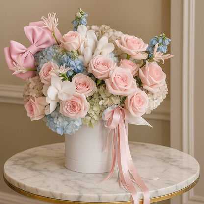 Bouquet of pink and white flowers with ribbons in a white vase on a marble surface.