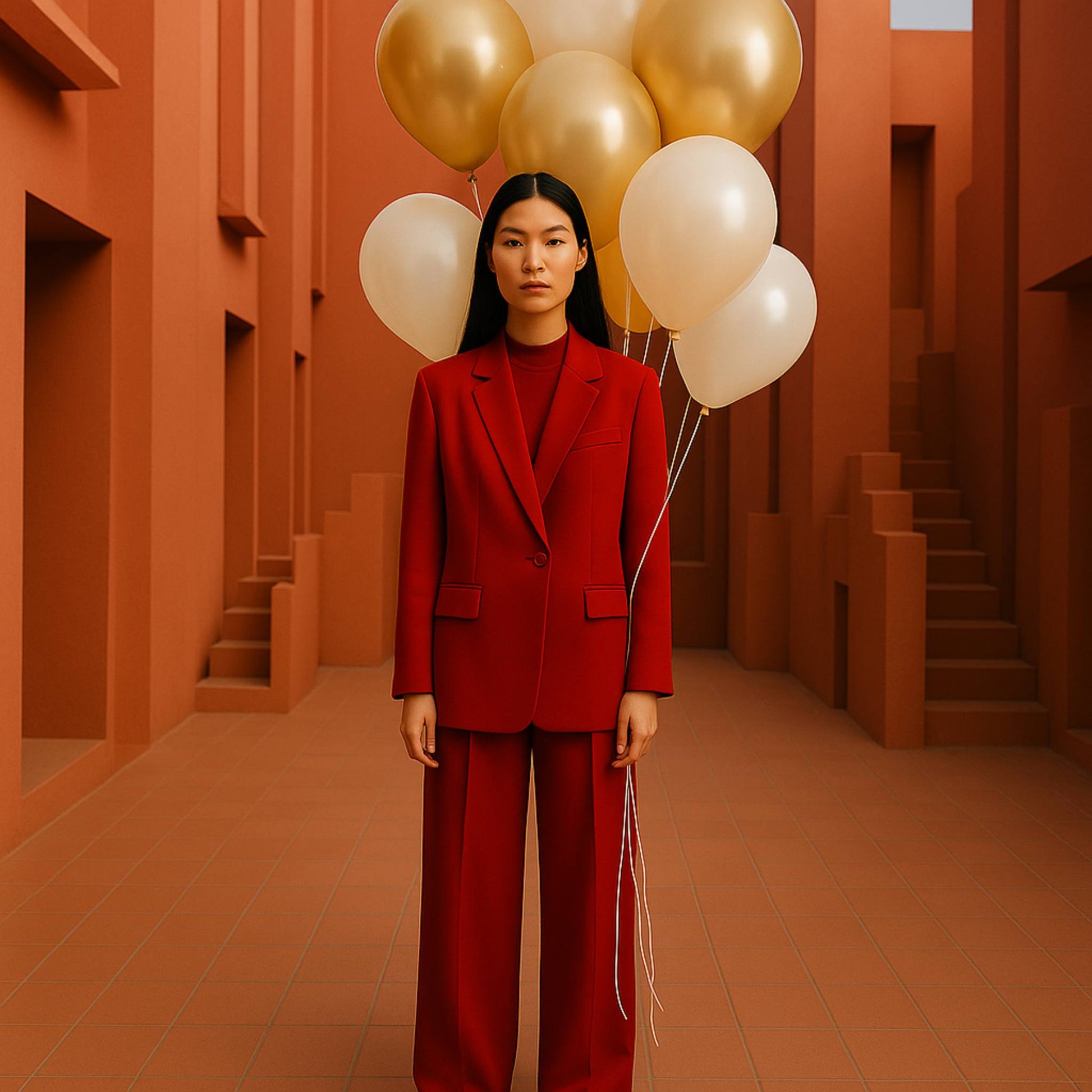 Woman in a red suit holding balloons in an orange architectural setting