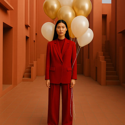 Woman in a red suit holding balloons in an orange architectural setting