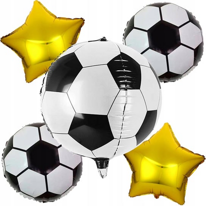 A set of soccer-themed balloons including two soccer ball foil balloons, one soccer ball Orbz, and two gold star balloons.
