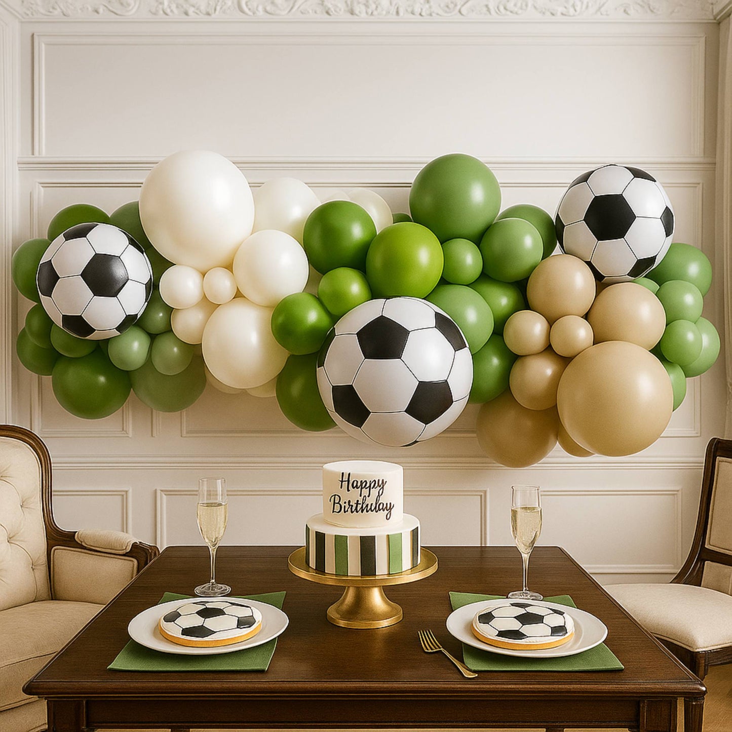 Birthday table setting with soccer-themed decor, including balloons and cake.