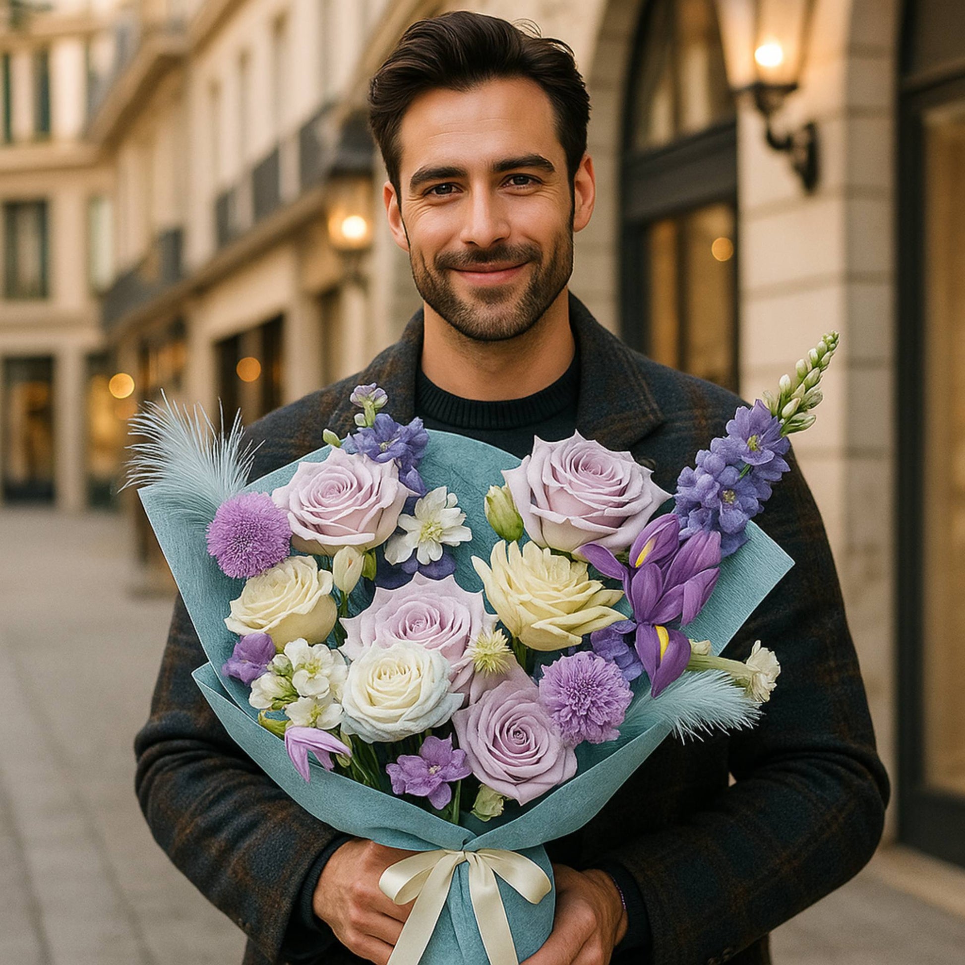 Man holding a bouquet of flowers in an urban setting