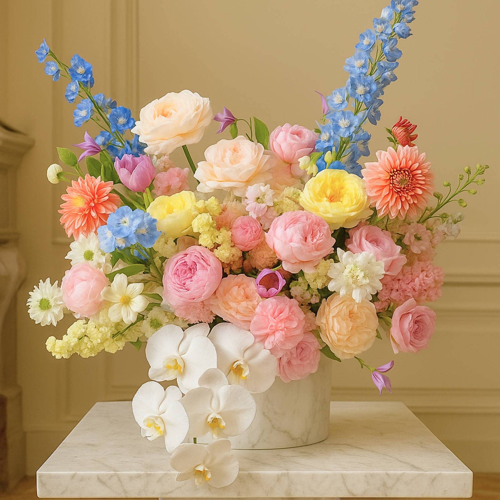 Bouquet of colorful flowers in a white vase on a marble surface with a beige wall background