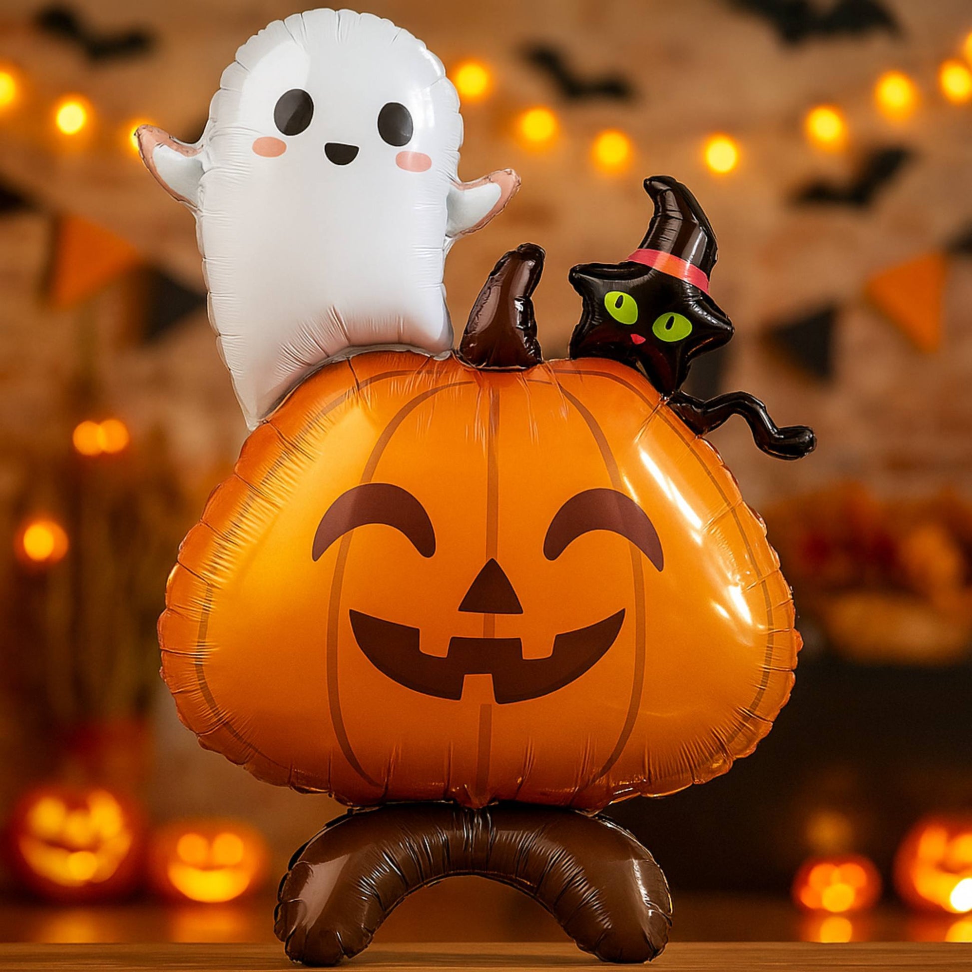 Halloween-themed balloon set with ghost, pumpkin, and black cat on a blurred festive background.