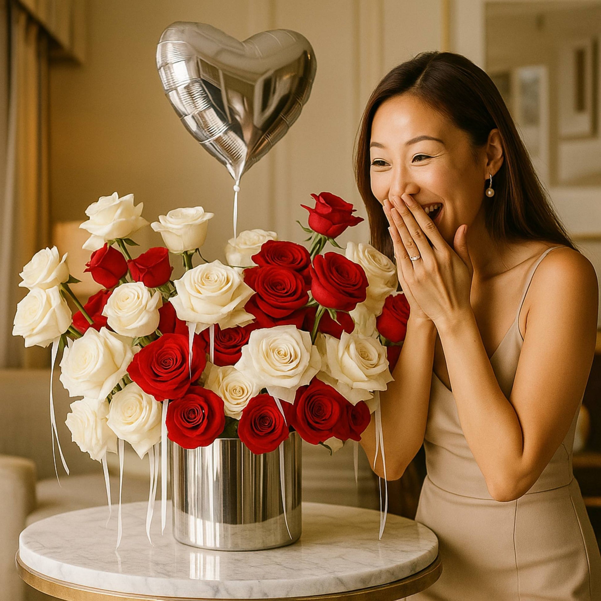 Woman reacting to a bouquet of red and white roses with a heart-shaped balloon in a room setting.