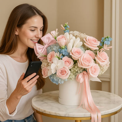 Woman taking a photo of a bouquet of flowers with a smartphone.