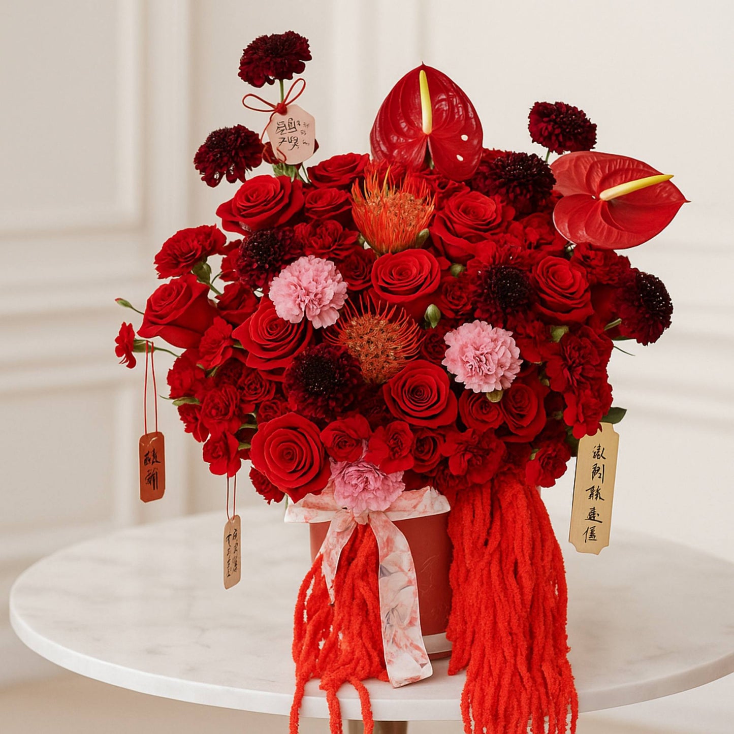 Bouquet of red flowers with pink accents on a white surface