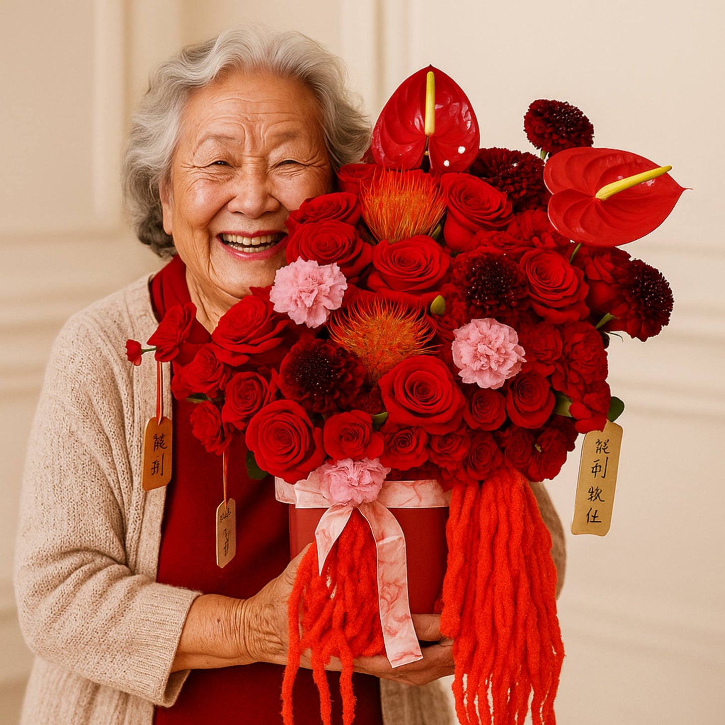 Woman holding a large bouquet of red flowers with tassels against a beige background