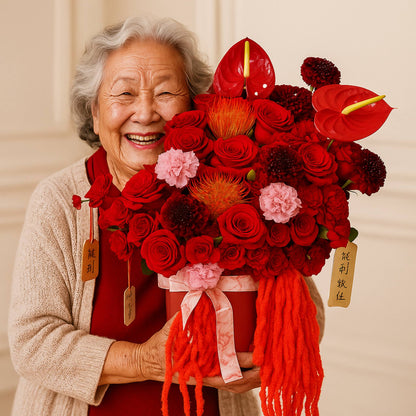 Woman holding a large bouquet of red flowers with tassels against a beige background