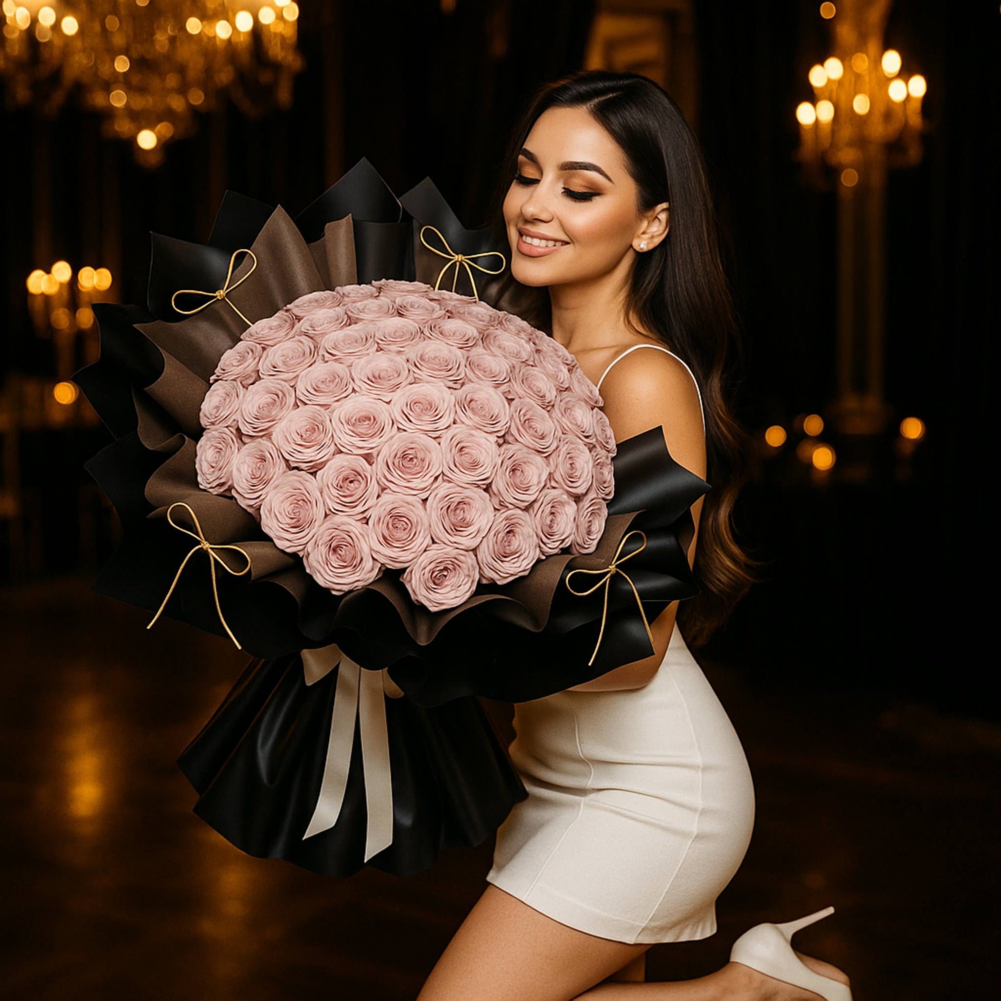 Woman holding a large bouquet of pink roses in a dimly lit room with chandeliers.