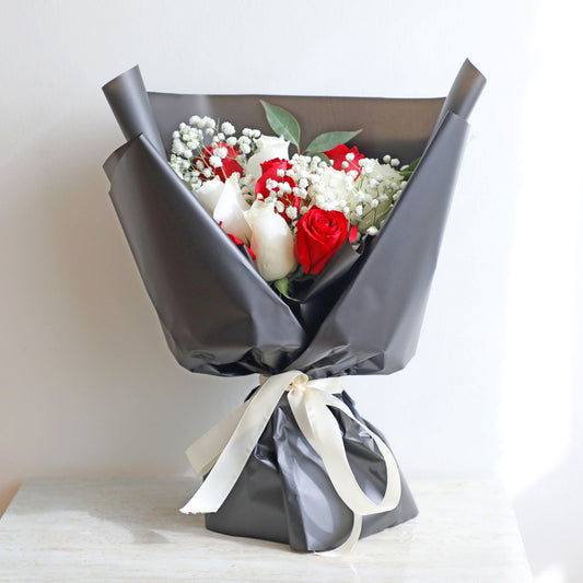 Valentines Surprise 12 Red and White Roses Bouquet