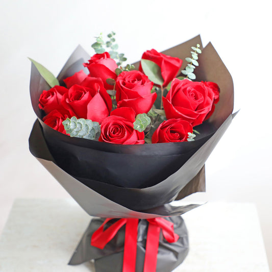 Valentines Special Dozen Red Roses with Eucalyptus