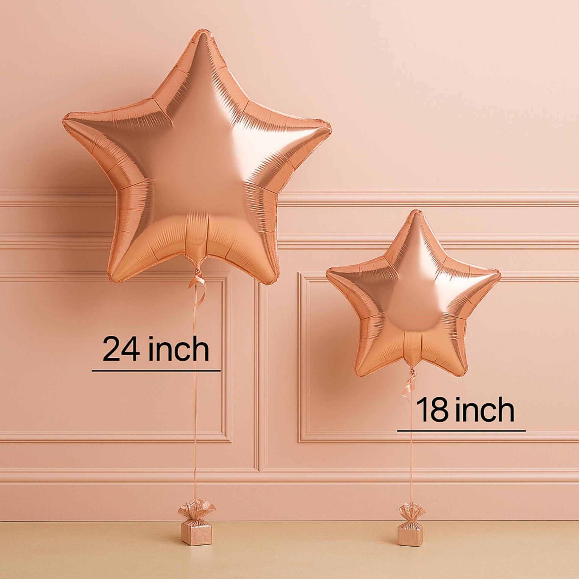 Two rose gold star-shaped balloons with measurements on a beige wall background