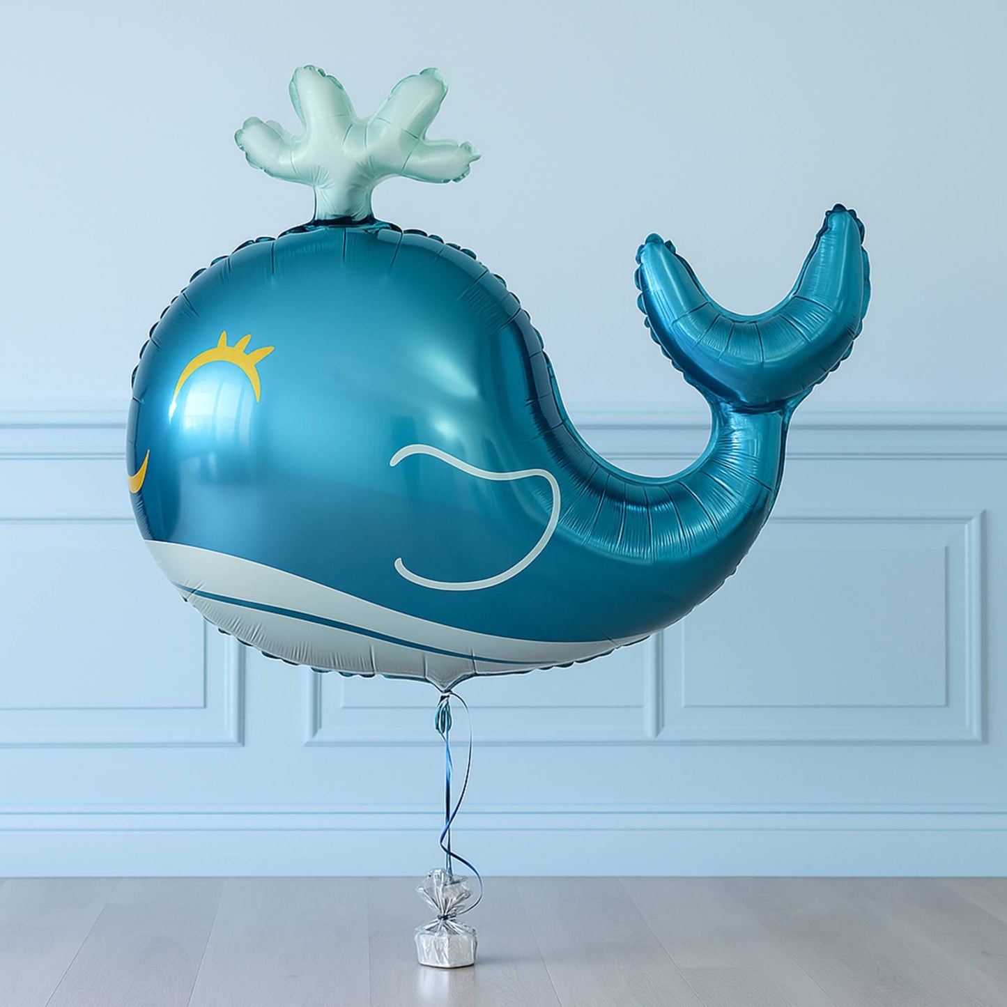Blue whale-shaped balloon with a yellow sun design on a light blue wall background