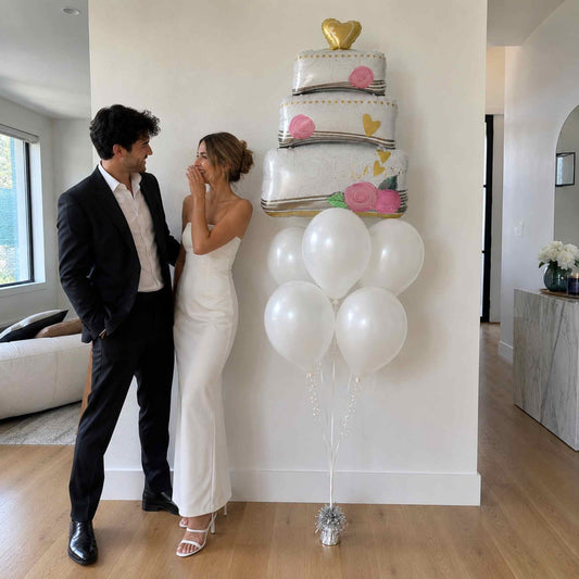 A couple in formal wedding attire stands indoors beside a decorative wall arrangement featuring a tiered cake design and a cluster of white balloons.