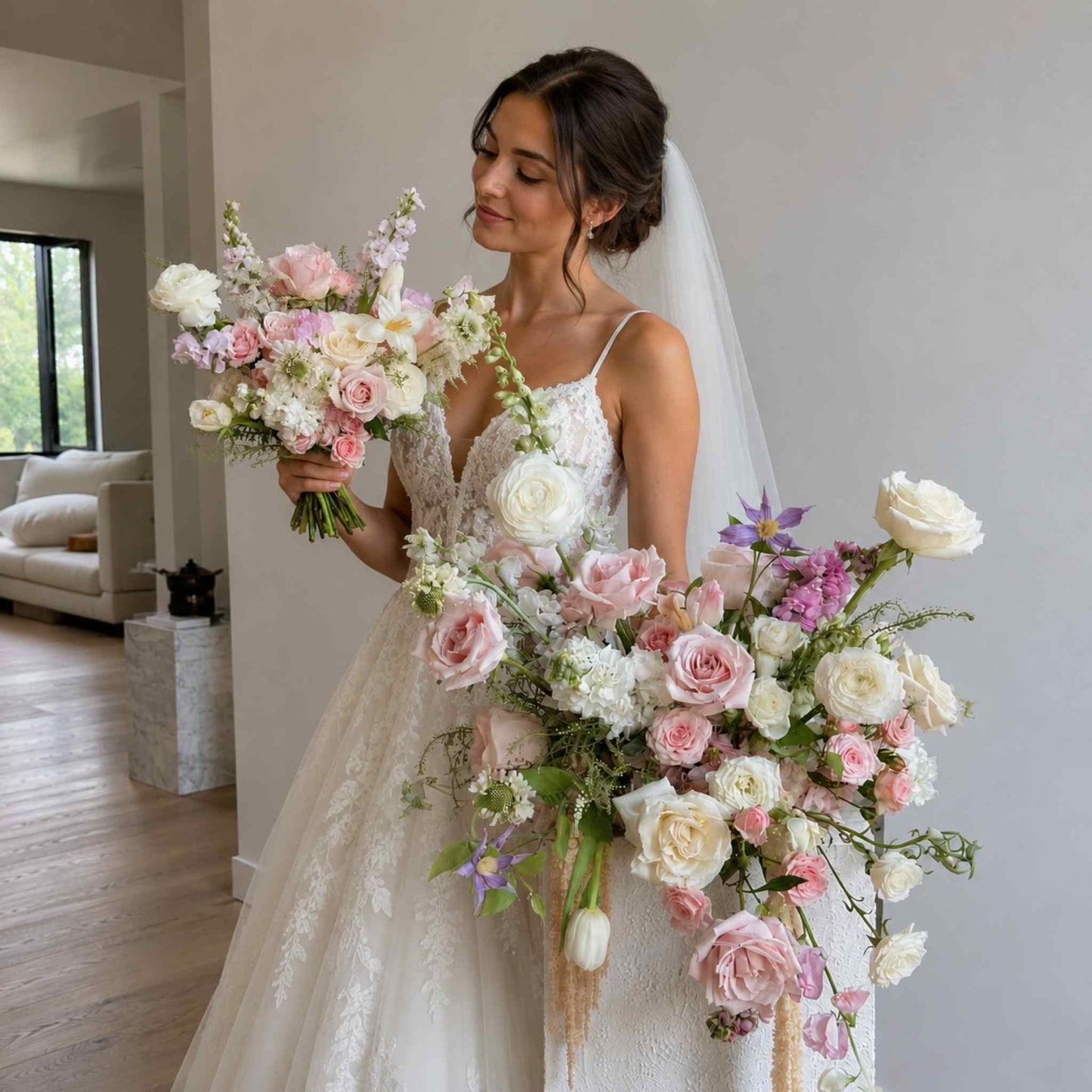 Bride holding a large bouquet of flowers indoors