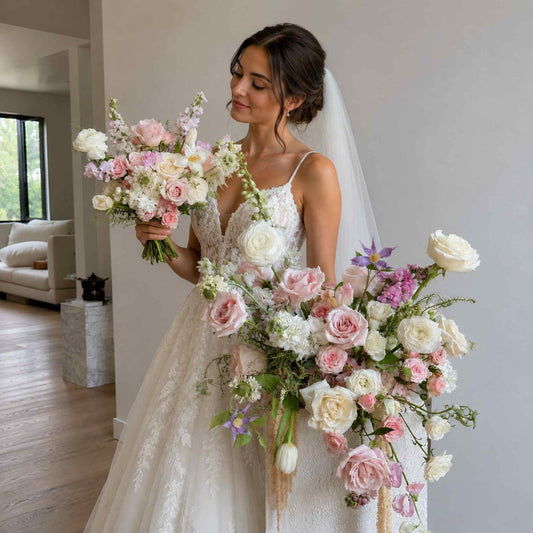 Bride holding a large bouquet of flowers indoors