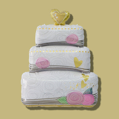 A white, tiered cake-shaped foil balloon with decorative elements, intended for use as a helium-filled balloon.