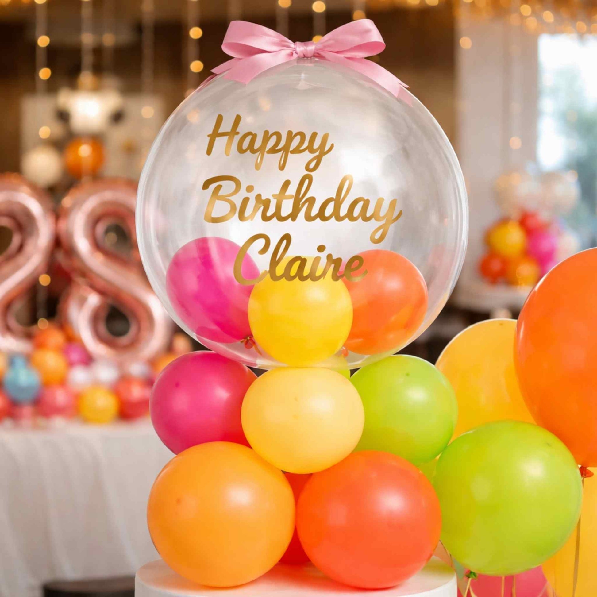 Transparent balloon with colorful balloons inside and 'Happy Birthday Claire' text, surrounded by more balloons.