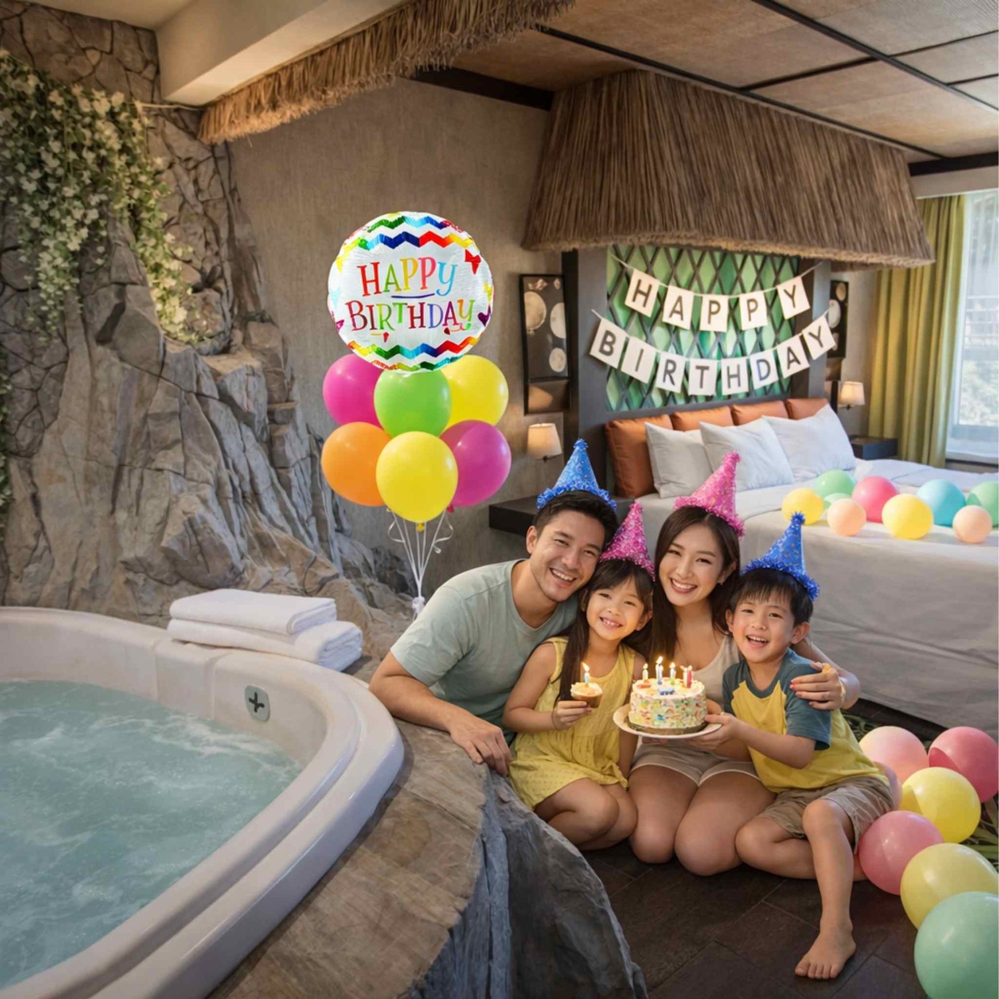 Family celebrating a birthday in a spa with balloons and cake