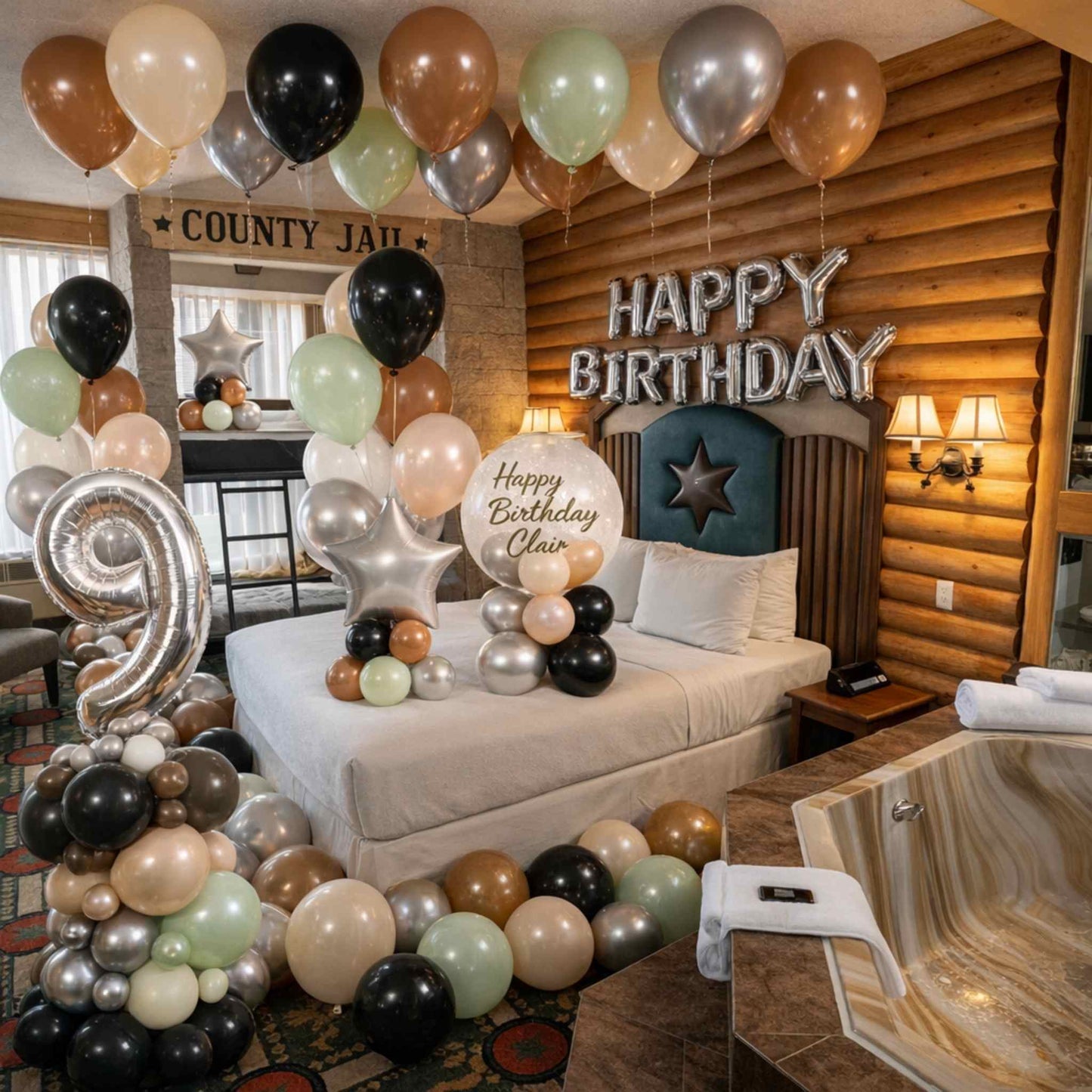 Birthday decorations with balloons and 'Happy Birthday' sign in a living room.