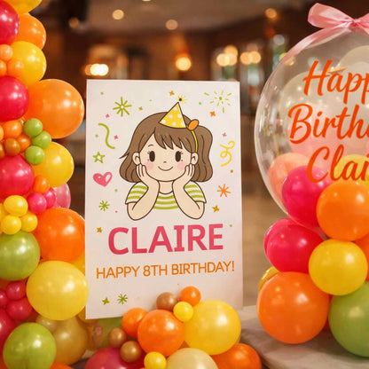 Birthday card for Claire with colorful balloons and decorations.