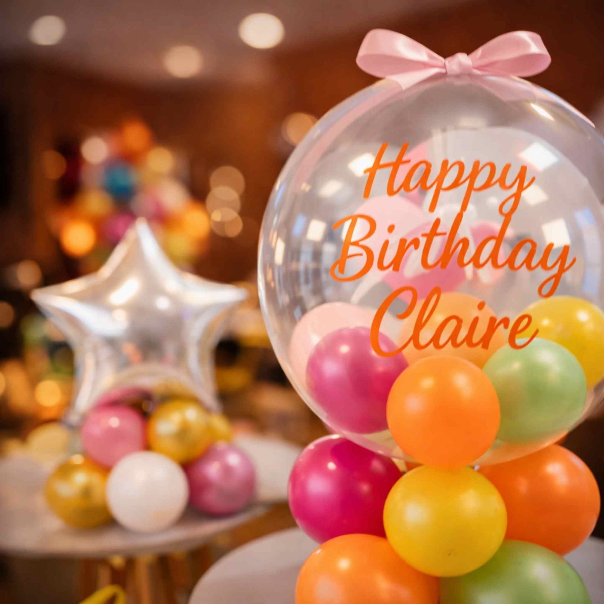 Colorful balloon bouquet with 'Happy Birthday Claire' text in a blurred birthday party setting.
