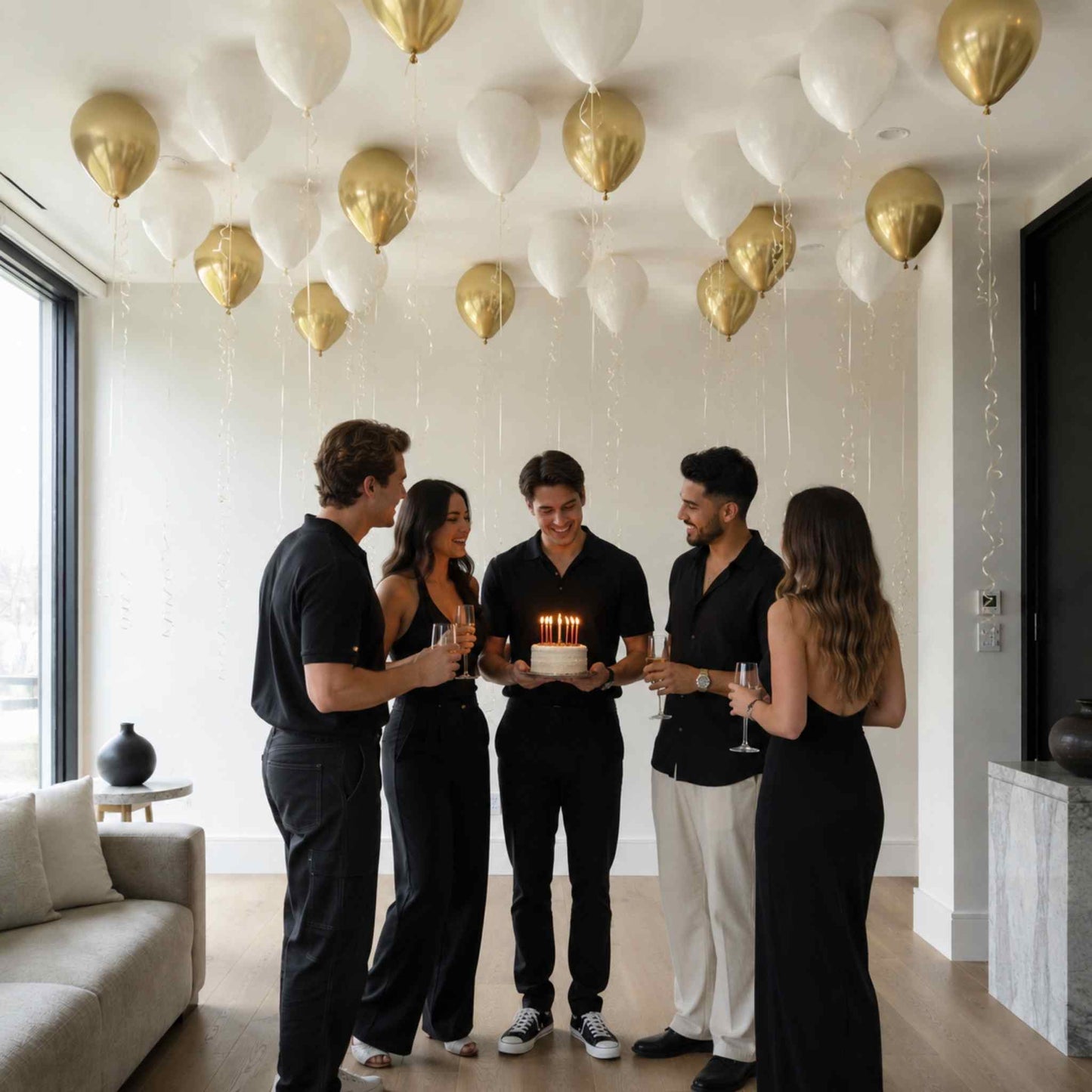 Group of people celebrating a birthday with balloons in a modern living room.