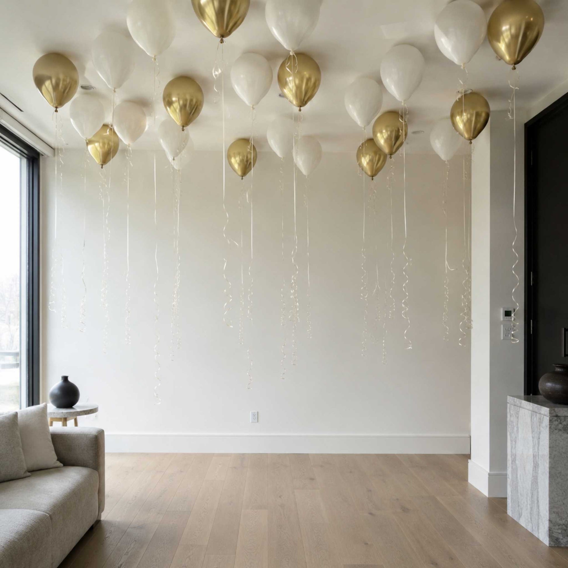 Gold and white balloons hanging from the ceiling in a modern living room.